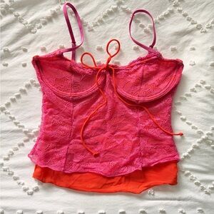 White Fox Boutique Pink & Orange Lace Corset-Style Tank